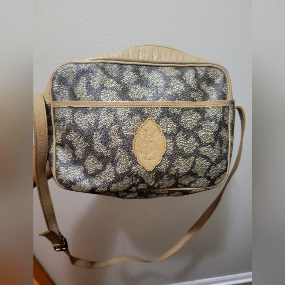 YSL Coated Canvas & Leather Adjustastable Crossbody W/ Light Camel Trim. Guc